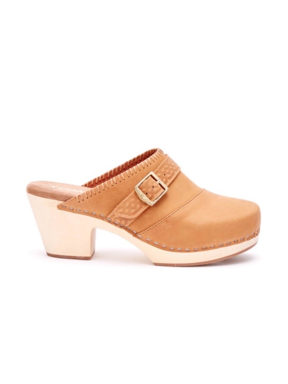 TOMS Elisa Tan Leather Wooden Clog Heels with Decorative Buckle Size 6.5